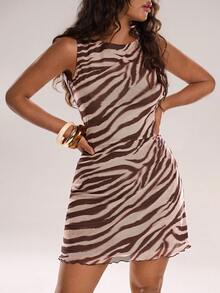Avantive 女士斑马纹迷你连衣裙，时尚百搭，适合通勤、约会和外出穿着 - 棕色 - 查看 5