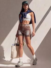 Anewsta Women's Denim Effect Print Tight Fit Athletic Shorts - Coffee Brown - View 1