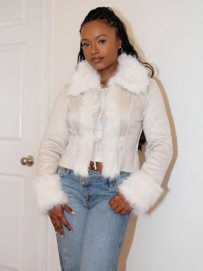 Steph T 米色复古 Regal 毛绒拼接保暖内衬秋冬大衣，带蝴蝶结，翻领，长袖，约会，派对，生日，舞会皮草夹克短款夹克女式夹克女式夹克，适合正装、返校、Y2K、垃圾摇滚、嬉皮