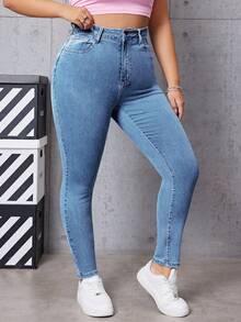 SHEIN EZwear 大码高腰修身休闲日常百搭牛仔裤 - 藍色 - 查看 6