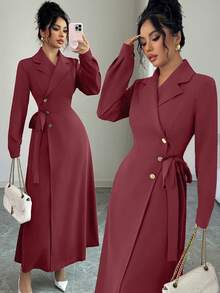 Elenzga Ladies Weave Elegant Autumn Long Dresses For Vacation - Red - View 1