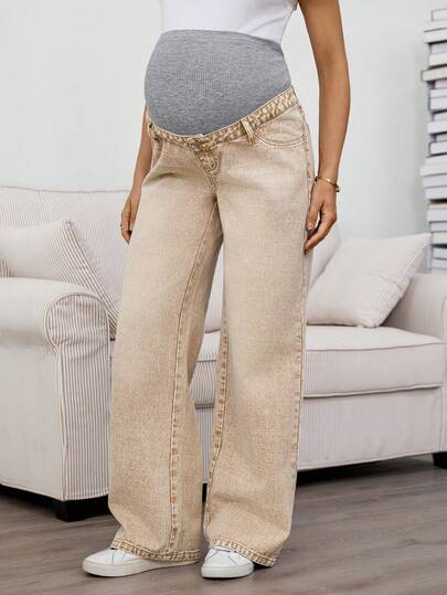 SHEIN Pregnant Women's Patchwork Color Pocket Button Casual Versatile Straight Leg Pants For Daily Wear