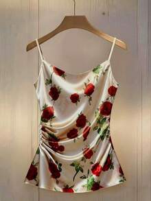 SHEIN Franclia Áo hai dây không tay cổ chữ V chéo bằng satin cao cấp cho mùa xuân và hè, áo dành cho ngày Valentine, áo ren họa tiết hoa hồng mang lại cảm giác sang trọng. Thiết kế xếp ly độc đáo và tinh tế. Áo hai dây satin màu sâm panh với phần eo xếp ly, và áo satin ôm sát màu mơ. Thích hợp cho kỳ nghỉ hè, mùa xuân, ngày Valentine. - Nhiều màu - Xem 6