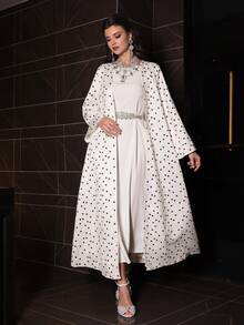 Al Najma Polka Dot Print Flare Sleeve Satin Coat - Apricot - View 5