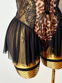 3pcs Set Sexy Leopard Print Lace Patchwork Deep V Sheer Criss-Cross Backless Jumpsuit - Multicolor - View 8