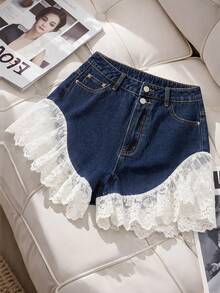 GlowEve Women's Summer Casual Vacation Fashion Commute Contrast Lace Trim Hem Denim Shorts - Dark Wash - View 1