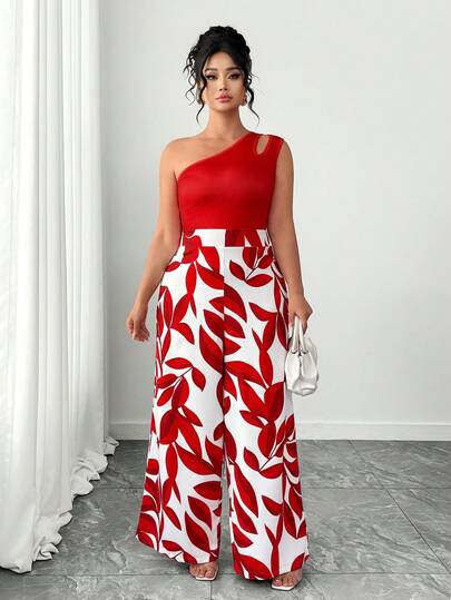 Elenzga Fashionable Elegant Sleeveless Cinched Waist Plus Size Women's Printed Jumpsuit, Spring/Summer