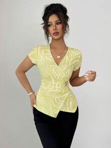 Elenzga Áo kiểu nữ tay ngắn thanh lịch, đính kim loại, xếp ly, thích hợp cho đi làm hàng ngày, đi chơi, hẹn hò, áo nỉ Halloween, đi học, Lễ Tạ ơn. - Nhiều màu - Xem 3