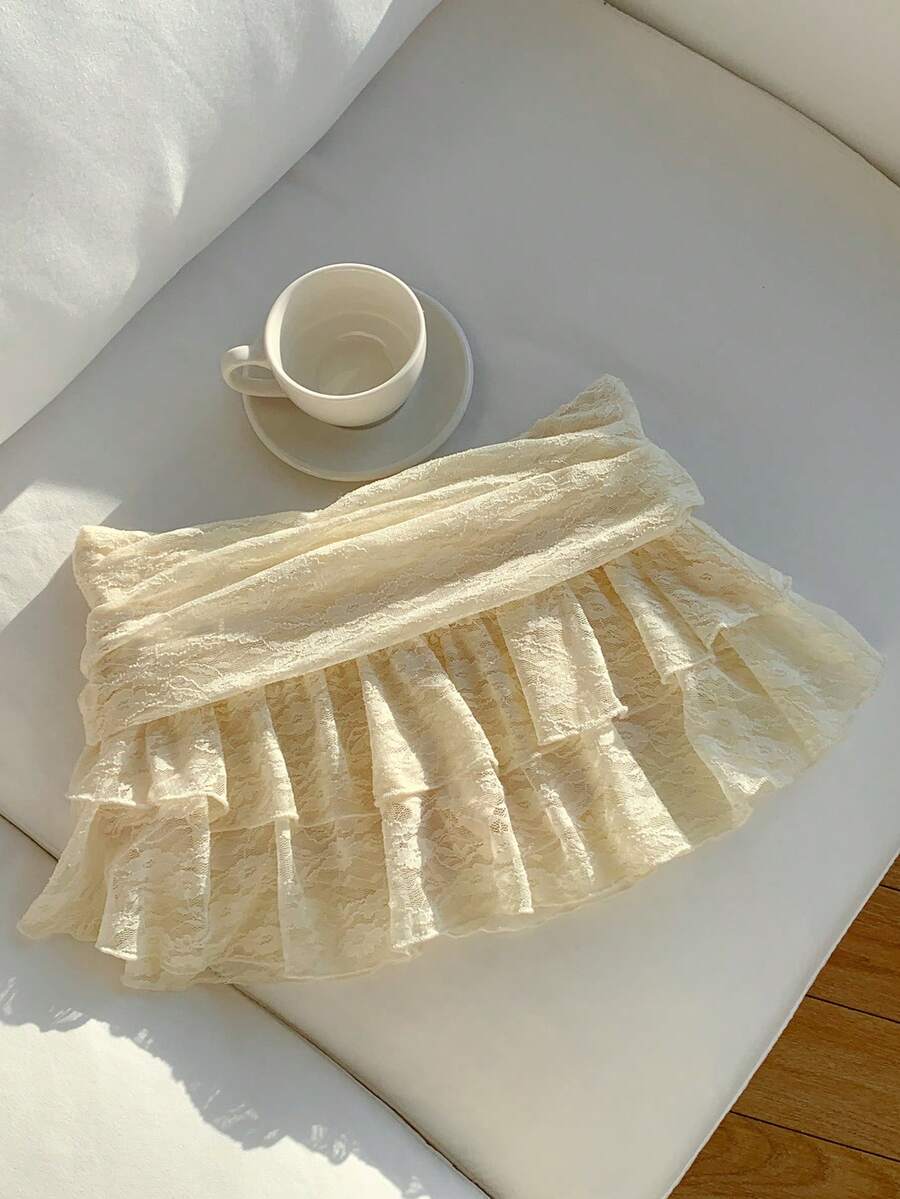 Comfortcana 女士腰部褶皱黄色花朵蕾丝双层荷叶边蕾丝时尚半身裙 2026 新款春夏时尚女装，适合海滩度假休闲穿着 - 杏色 - 查看 1