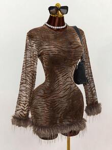 Mistrie Đầm dự tiệc ngắn gợi cảm, bồng bềnh, phối nhung và lưới. - Cà phê nâu - Xem 6