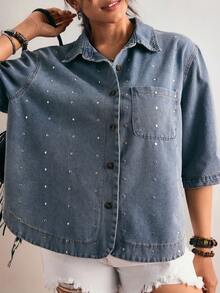 Freevana Áo sơ mi denim dáng suông tay lửng 3/4 đính đinh tán dành cho nữ cỡ lớn, thích hợp mặc mùa hè, mùa xuân, đi lễ hội, dự tiệc, đi biển, đi chơi, hẹn hò, dự tiệc cocktail, sự kiện trang trọng, kỳ nghỉ, văn phòng, công sở, đi làm, khách dự đám cưới và lễ hội miền Tây. - Màu xanh lam - Xem 6