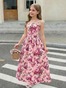 SHEIN Tween Girl Ditsy Floral Sleeveless Mid-Length Dress, Pastel Pink - Pink - View 1