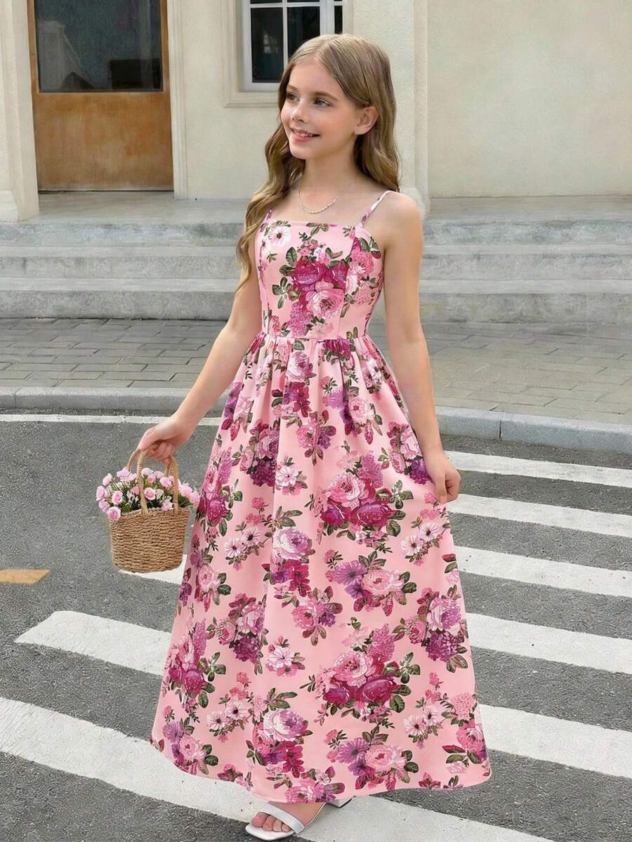 SHEIN Tween Girl Ditsy Floral Sleeveless Mid-Length Dress, Pastel Pink - Pink - View 1