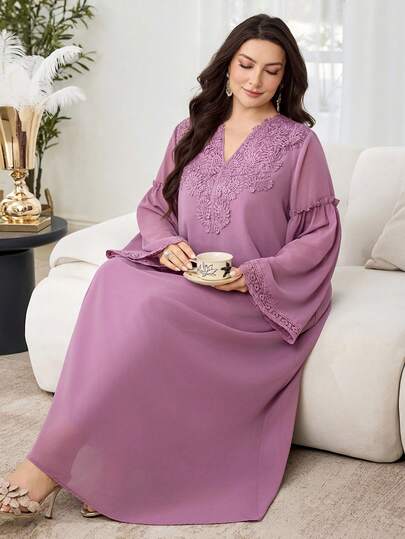 Al Najma 大码纯色雪纺双层长袖蕾丝边休闲土耳其长裙