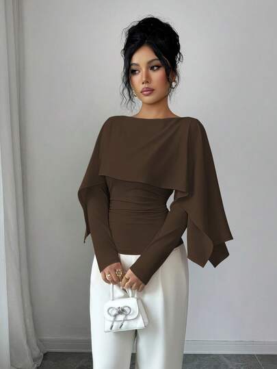 SHEIN Elenzya بلوزة نسائية جديدة بياقة شال، أكمام طويلة، قماش مضلع مرن، قصة ضيقة، أنيقة ومتعددة الاستخدامات للارتداء اليومي