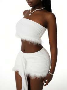 Amplova Conjunto de 2 piezas para mujer, top corto de un hombro de manga larga con textura esponjosa y minifalda ajustada con volantes, todo blanco, ropa de fiesta, otoño, estilo años 70, cumpleaños, Y2K - Blanco - Ver 6