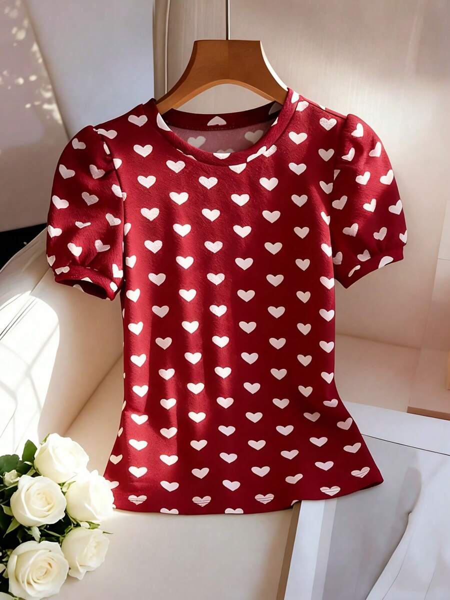 Chiquease Áo thun nữ cổ tròn, thanh lịch, tay ngắn, tay phồng, họa tiết trái tim, thích hợp mặc đi làm, ngày Valentine: Mùa xuân, Áo nữ thanh lịch, Áo thun nữ thanh lịch, Áo thun thường ngày, Áo đi làm, Áo ngày Valentine, Áo nữ ngày Valentine, Áo thun mùa hè đa năng, Áo thun vải co giãn cao, trang phục mùa tốt nghiệp, trang phục đi làm thường ngày thời trang, trang phục công sở, trang phục thường ngày đa năng và phong cách, trang phục chuyên nghiệp cho giáo viên thành thị. - Đỏ - Xem 1