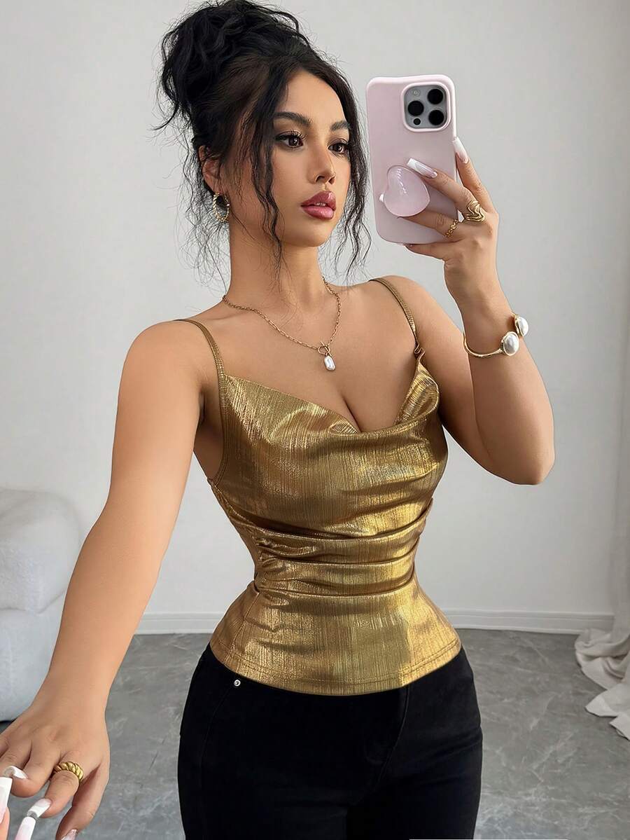 Elenzga New Shiny Gold Pleated Draped Neck Camisole, Versatile For Commute, Party, Vacation - Gold - View 1