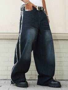 Manfinity LEGND 男女皆宜的美式街头风拼接做旧牛仔裤 - 藍色 - 查看 1