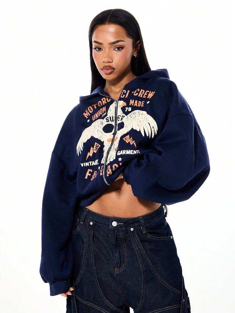 SUMWON Vintage Inspired Graphic Full Zip Hoodie With Eagle Skull Print And Fast Eagles Motif