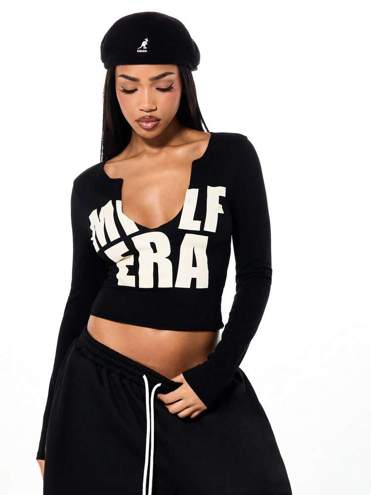 SUMWON WOMEN Long Sleeve Crop Top With Bold Typography Print Deep Scoop Neckline Fall Winter Plain Streetwear