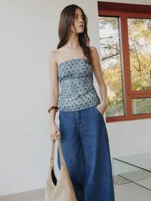 Nöista Sleeveless, Bandeau Top A Textured Blue Fabric With Burgundy In Polka Dots Print. Spring, Summer, Woman. - Blue - View 7