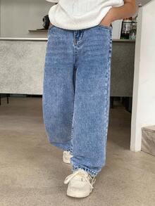 SHEIN 青少年男童纯色斜插口袋休闲百搭牛仔裤 - 中等水洗藍 - 查看 3
