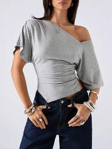 LYSMO 2026 新款极简主义春季/新款女士纯色不对称领口褶皱修身时尚T恤，夏季 - 灰色 - 查看 3