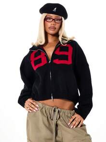 SUMWON WOMEN Oversized Knitted Varsity Zip Through Cardigan With Number Applique Front And Back Text Detail - Black - View 1