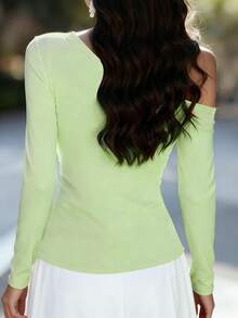 EMERY ROSE Rhinestone Embellished Shoulder Cutout Fitted Elegant Women Long Sleeve T-Shirt, White - Green - View 2