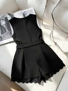 GlowEve V-Neck Metal Button Accent Casual Patchwork Lace Jumpsuit - Black - View 2