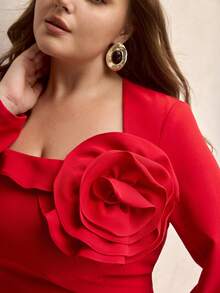 ZEYLAH Floral Embroidered Waist Cinched Elegant Dress - Red - View 2