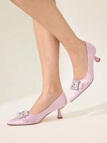 CUCCOO CHICEST 女士纯色尖头水钻装饰优雅高跟鞋 - 粉色沙丁料 - 查看 5