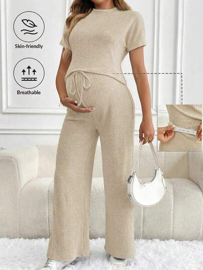 SHEIN 2pcs Maternity Casual Solid Color Short Sleeve T-Shirt And Pants Set, Summer