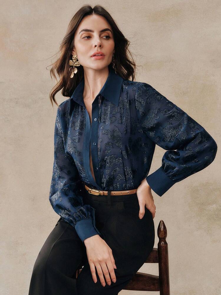 Anewsta レディース ネイビー フローラル ジャカード シアーブラウス、エレガントな春夏パフスリーブ フォーマルパーティー ウェディングゲスト アウターウェア