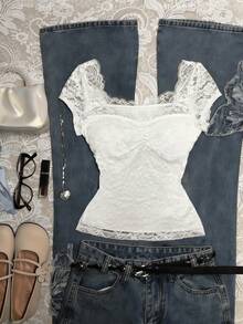 Glimmora 女士优雅纯色蕾丝衬衫，夏季 - 白色 - 查看 1