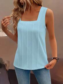 SHEIN LUNE Summer New Sleeveless Wide Strap Square Neck Discounted Loose Fit Women Tank Top - Baby Blue - View 3