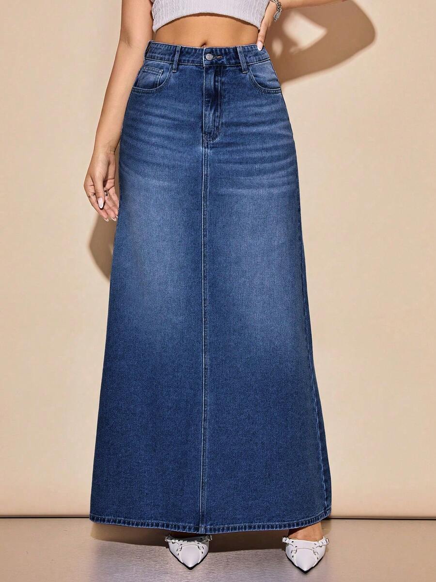 Rivivi Women's Casual Everyday Office Commute Versatile A-Line Extra Long Denim Skirt - Medium Wash - View 1