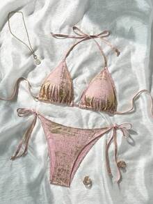 SHEIN Swim 女士极简日常穿搭箔印泳衣套装，2026新款女士泳装到货，适合上学、度假、约会、下午茶、西式、邮轮、海滩、海岛、公路旅行、四季皆宜、音乐节、波西米亚风度假、秋日休闲、西部波西米亚风，优雅女士上衣 - 粉色 - 查看 2