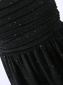 SHEIN 女士黑色吊带蝴蝶结腰部中长连衣裙，性感优雅的返校连衣裙，饰有金属箔点缀 - 黑色 - 查看 7