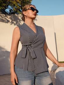 Juhart 大码女士优雅度假休闲通勤无袖系带蝴蝶结腰部交叉V领格子衬衫，春夏款 - 彩色 - 查看 8