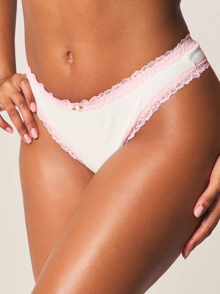 MISSGUIDED Ribbed Briefs With Pink Lace Trim And Floral Applique Everyday Comfort Underwear Bottom Lingerie Classic Cut Intimate Apparel