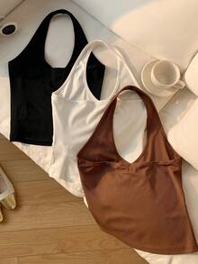 Comfortcana 3件套女士休闲深V领露背紧身吊带上衣套装 - 彩色 - 查看 2