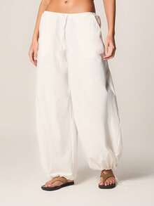 MISSGUIDED Lightweight Wide Leg Palazzo Pants With Elastic Waistband For Casual Summer Vacation Wear - White - View 1