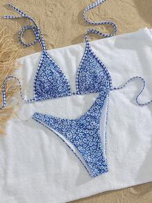 Swim Mod 2件套新款随机印花露背性感优雅度假比基尼套装，适合海滩、泳池、派对等场合。 - 藍白色 - 查看 6