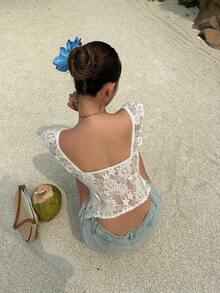 SHEIN Frenchy Women's Cream White Summer Boho Lace Top,Sweetheart Neck Sleeveless French V-Neck Ruffle Trim Hollow Crochet Blouses,Beach Vacation Holiday Party Top - Apricot - View 2