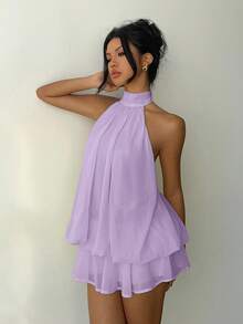 Aloruh Women's Casual Elegant Lavender Halter Neck Sleeveless A-Line Mini Dress With Button Detail Flowy Short Beach Party Outfit Summer - Lilac Purple - View 6