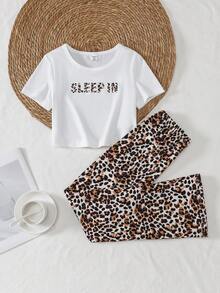 2pcs/Set Fashionable Tween Girl Outfit - White Fitted Short Sleeve Top Paired With Leopard Print Loose Straight Leg Pants, Casual Homewear - Multicolor - View 6