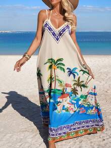 Swim Vcay 女士新款定位印花吊带宽松舒适性感优雅度假前卫简约连体连衣裙罩衫 - 彩色 - 查看 4