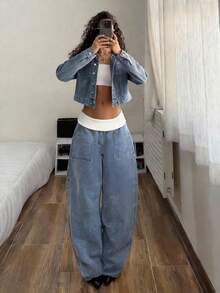 StreetHx Women's Casual Fashion Street Contrast Foldover Waist Loose Flare Leg Jeans, Suitable For Daily Commute Summer Holiday Outfits Casual Women Coachella Music Festival Barrel Jeans Valentine Day Banana Jeans Baggy Jeans Y2k Women Jeans Baggy Wide Leg Jeans Woman Loose Jeans Elastic Waist Jeans - Light Wash - View 1